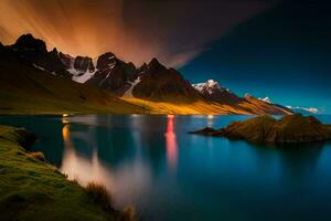 el montañas y agua son iluminado arriba a noche. generado por ai foto