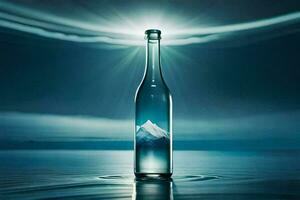 a bottle of water with a mountain in the middle. AI-Generated photo