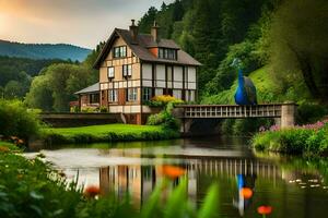 a house sits on a small bridge over a river. AI-Generated photo