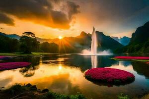 the sun rises over a lake with flowers and a fountain. AI-Generated photo