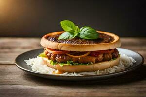 a hamburger with rice and herbs on a plate. AI-Generated photo