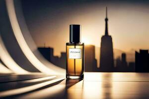 a bottle of perfume sitting on a table in front of a cityscape. AI-Generated photo