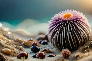 a sea urchin on the beach with other sea creatures. AI-Generated photo