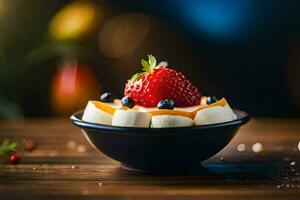 a bowl of fruit and a strawberry on a wooden table. AI-Generated photo