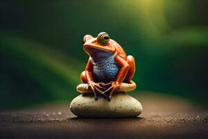 a frog sitting on top of a rock. AI-Generated photo