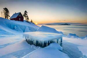 a red house sits on top of an ice covered beach. AI-Generated photo