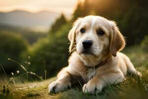 un dorado perdiguero perrito tendido en el césped. generado por ai foto