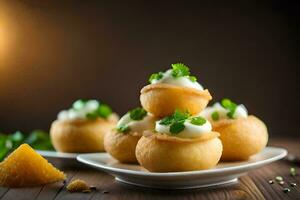 pequeño patatas con queso y hierbas en un lámina. generado por ai foto