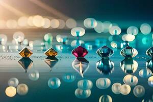 a row of colorful crystals on a water surface. AI-Generated photo