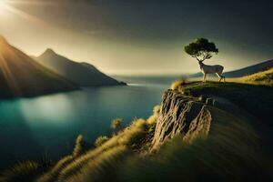 a deer stands on a cliff overlooking a lake. AI-Generated photo