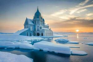 a church in the arctic at sunset. AI-Generated photo