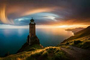 un faro es visto en el cielo con un Tormentoso cielo. generado por ai foto