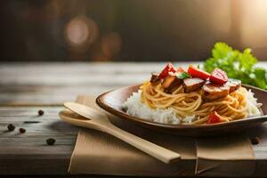 chinese food with noodles and vegetables on a wooden table. AI-Generated photo