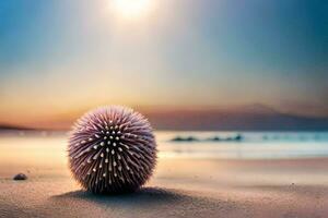 a hedgehog on the beach with the sun in the background. AI-Generated photo