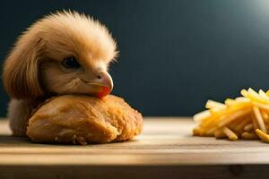 un pollo es comiendo un pedazo de pollo y papas fritas generado por ai foto