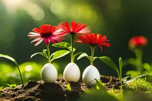 three eggs with flowers in the dirt. AI-Generated photo