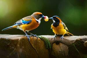 dos aves son en pie en un rama con un pedazo de fruta. generado por ai foto