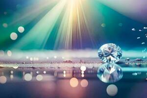 a diamond is reflected in the water with light shining on it. AI-Generated photo