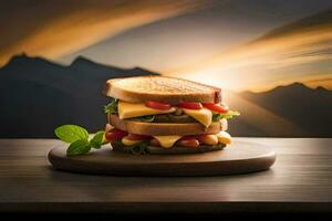 a sandwich with cheese and tomatoes on a wooden board. AI-Generated photo