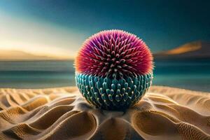 un vistoso pelota de arena en el playa. generado por ai foto