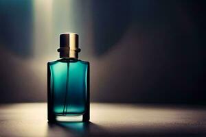 un azul perfume botella en un mesa. generado por ai foto