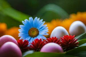 colorful eggs and a flower are shown in the background. AI-Generated photo