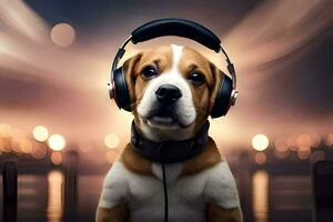 a dog wearing headphones and looking at the camera. AI-Generated photo