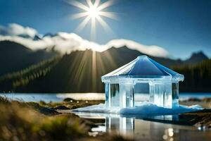 a small ice hut sits on the shore of a lake. AI-Generated photo