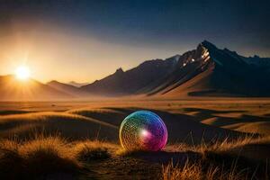 a colorful sphere in the desert with mountains in the background. AI-Generated photo