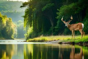 a deer stands in front of a river. AI-Generated photo