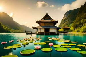 the lotus pond in the lake. AI-Generated photo