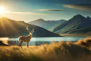 a deer stands in front of a lake and mountains. AI-Generated photo