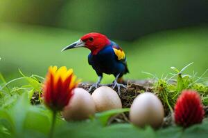 a colorful bird is standing on top of an egg nest. AI-Generated photo