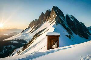 a small wooden hut sits on top of a mountain. AI-Generated photo