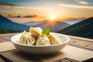 dumplings in a bowl on a table in front of mountains. AI-Generated photo