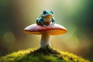 a frog sits on top of a mushroom. AI-Generated photo
