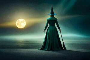 a witch standing on the beach with a broom and a full moon in the background. AI-Generated photo