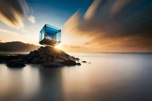 un pequeño caja sentado en parte superior de rocas en el océano. generado por ai foto