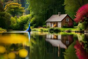 a house and a boat on the water in front of a forest. AI-Generated photo