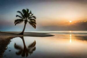 a palm tree is reflected in the water at sunset. AI-Generated photo