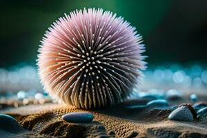 a spiky ball of pink on the sand. AI-Generated photo