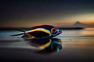 un vistoso pescado es reflejado en el agua a puesta de sol. generado por ai foto