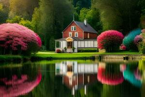 un casa es reflejado en el agua con rosado flores generado por ai foto