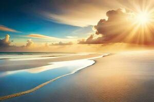 the sun shines over the ocean and sand on a beach. AI-Generated photo