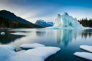 icebergs float on the surface of a lake in the mountains. AI-Generated photo