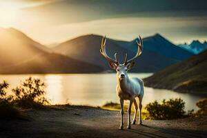 a white deer stands in front of a lake at sunset. AI-Generated photo