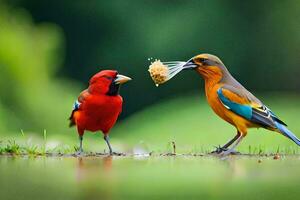 dos vistoso aves en pie siguiente a cada otro. generado por ai foto