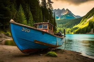 a blue boat sits on the shore of a lake. AI-Generated photo