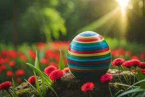 a colorful easter egg is sitting in a field of red flowers. AI-Generated photo