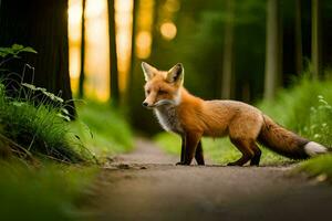 a fox standing on a path in the woods. AI-Generated photo